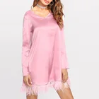 Clothes Women Ladies Long Sleeve Pink Plain Mini Satin Silk Casual Feather Dress