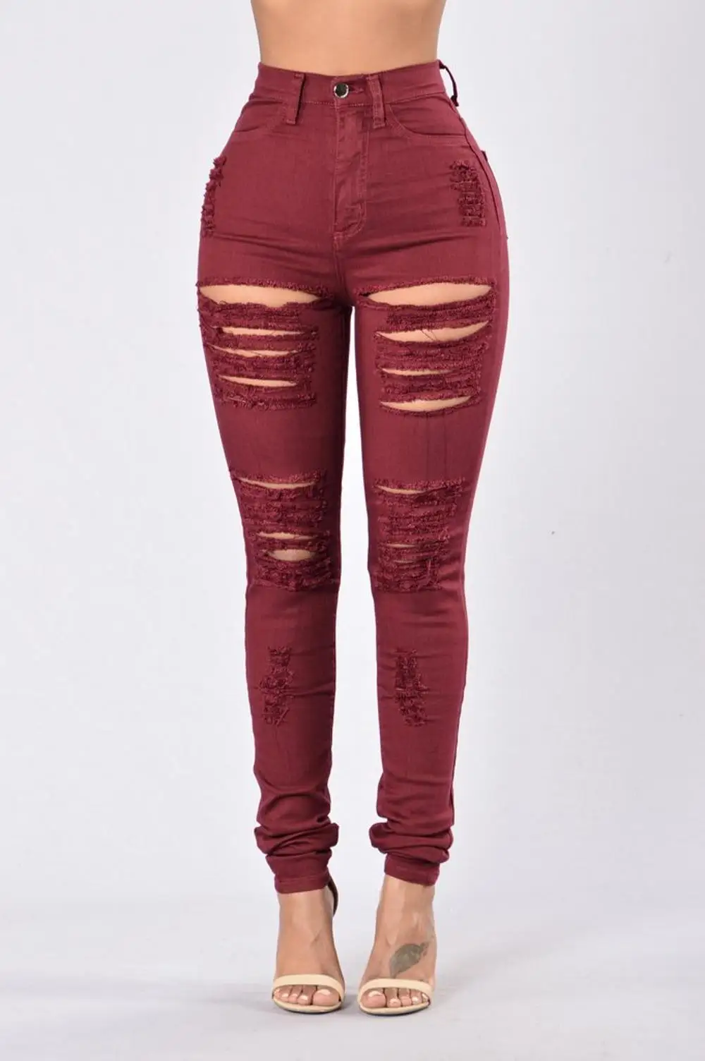 Plus Size Hole Women Wine Red Jeans Ripped Jeans Pencil Chic Girl