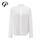 Top Standing Collar Shirt Button Long Sleeve Cotton White Ladies Office Blouse Shirt