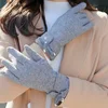 Lady Women Bowknot Woolen Mix Touch Screen Gloves With Flannel Lining