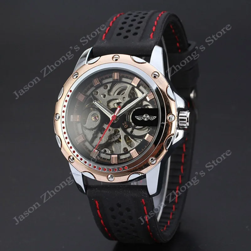 New WINNER Hollow Engraving Skeleton Casual Design Black Golden Case Rubber Strap Watches Men Luury Brand Automatic Watches