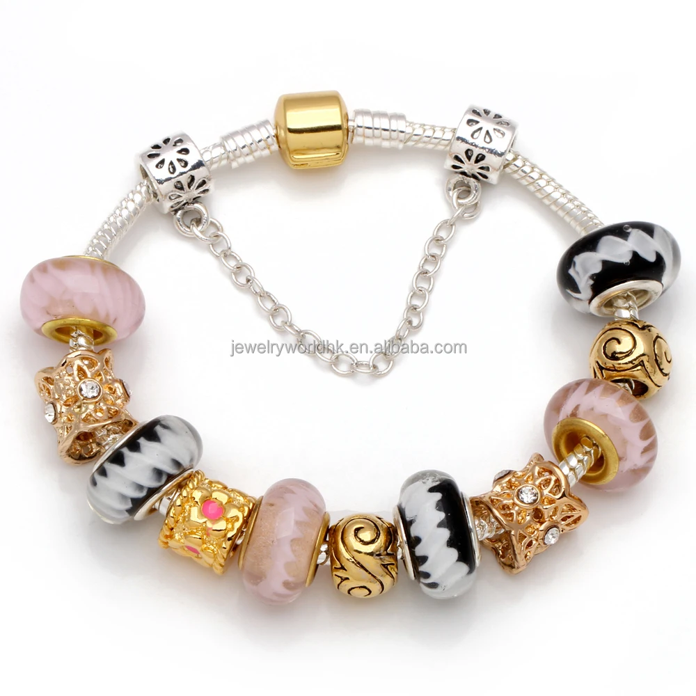 Charm Bracelet,Wholesale Colourful Glass Beads Silver Gold Plated