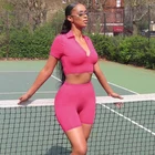 Pink Polo V Neck Solid Color Wholesale Athletic Wear Yoga Fitness 2 Piece Shorts Set Girl,Women Crop Top Sports Suit