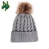 Best Quality Faux Fur Ball Beanie Hat grey Pom Pom Knitting Women Hats Wholesale Winter Kids Cap Fold Beanie Caps
