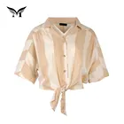 Made in china stripes pattern sexy short cotton linen summer blouse for women