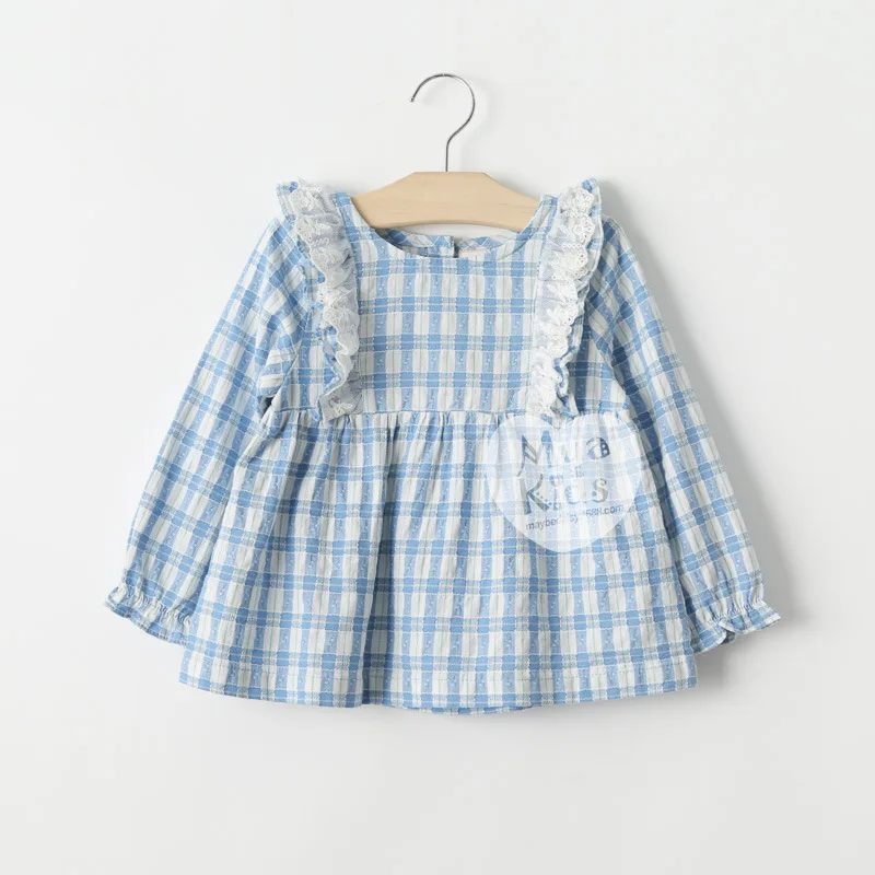 Korean style plaid dress, soft washed fly sleeve lace girls Plaid Shirt dress with blue/red colors for 3-8t girls