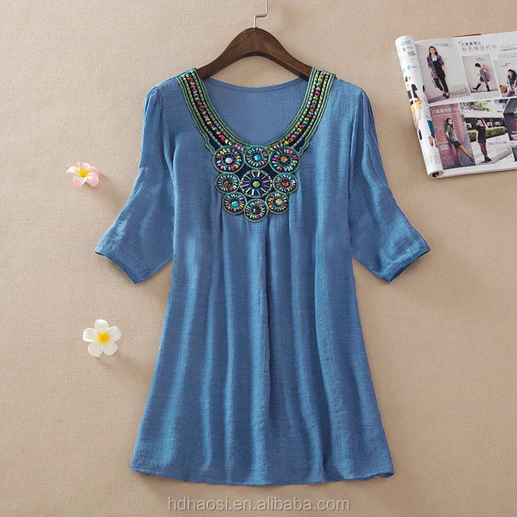 Hotsale O-neck Printed Retro Vintage Bohemian Loose Casual Chiffon shirts Blouse top clothing for women