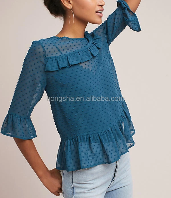 semi sheer ladies tops latest design dot chiffon blouse banglade