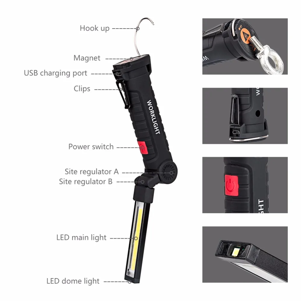 COB LED Taschenlampe Flashlight Arbeits Lampe Leuchte USB Wiederaufladbar Zoom 