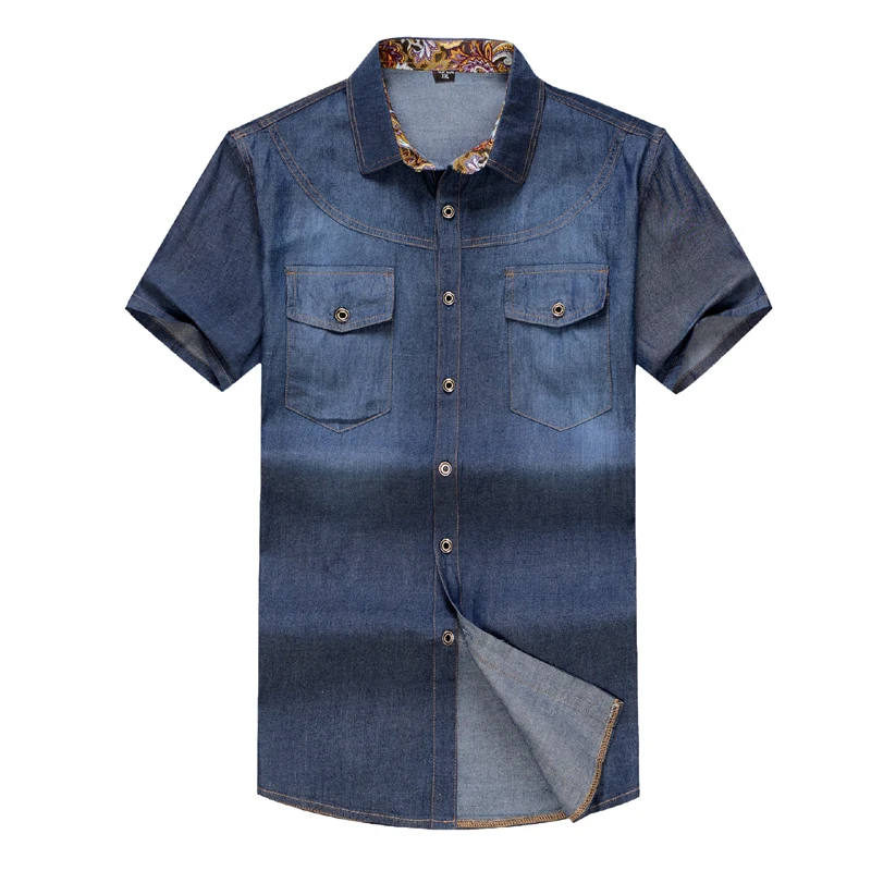 Plus Size Men Denim Shirts 6XL Cotton Slim Fit Famous Brand 2015 Summer New Short Sleeve Jeans Shirts Social Men's Dress Shirts