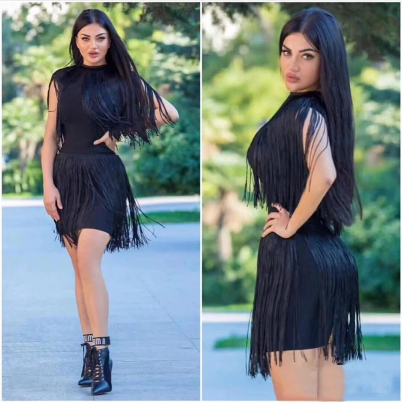 New Arrival Fashion Black Women Dress Elegant Celebrity Cocktail Party Dresses Lady Sexy Fringe Bodycon Dress Vestidos De Festa