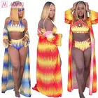 F3001 sexy lady summer print bikini long cover up swimwear beachwear 3 piece set