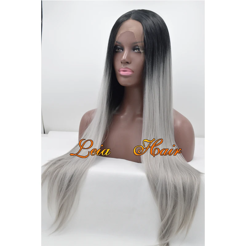 Grey Ombre Wig Straight Synthetic Lace Front Wig Heat Resistant Cheap Kanekalon Hair Glueless Natural Ombre Black To Grey Wigs