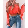best selling cheap women off shoulder sexy lady tube tops navel exposed ruffle sleeve blouse tops