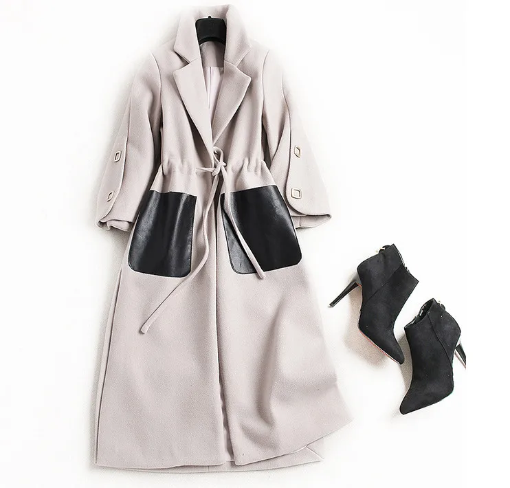 women woolen PU Pocket patchwork coat 9_