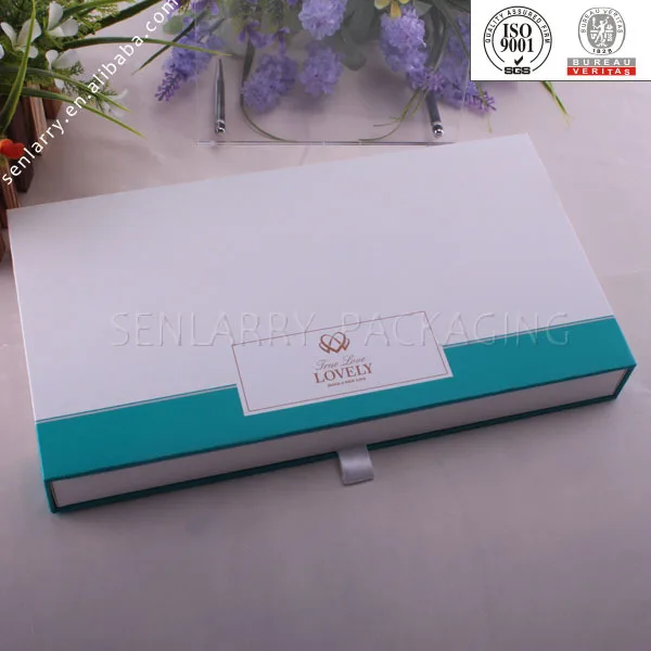 luxury hard paper gift box in drawer style with ribbon pull and