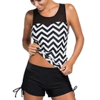 Women Black White Zigzag Print Mesh Splice 2pcs Tankini Swimsuit