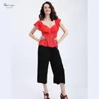 New Design Normal Women Casual Cotton Ruffle Collarless Red Floral Ladies Blouse