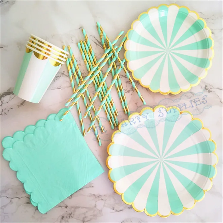 mint and gold paper plates