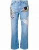 Royal wolf denim jeans manufacturer antique wash bling glitter bead covered shiny embroidery sequins straight cut cropped jeans
