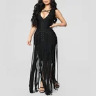 Women's elegant bustier cut long maxi tassel fringe cocktail night party bandage dress