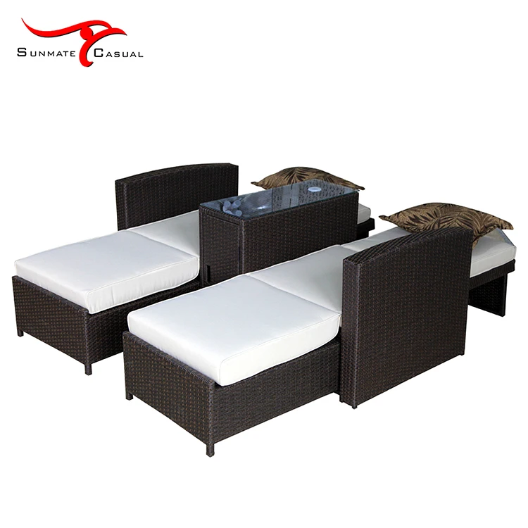 Leisure 2 Seat Multi-purpose Outdoor Garden Furniture Rattan Wicker Folding Reclining Sofa Bed with Umbrella