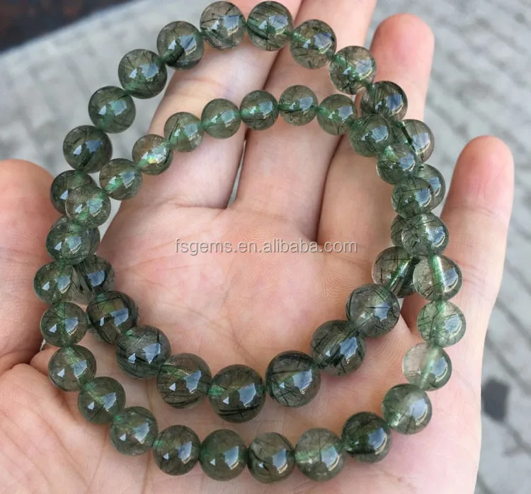 Natural Multicolor Round and Star Shaped Rutilated Quartz Bracelet Green Mineral Gemstones
