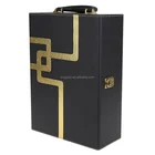 2 Bottles Black PU Leather MDF Wine Carrier Case Box with Gold Foil Stamping Design