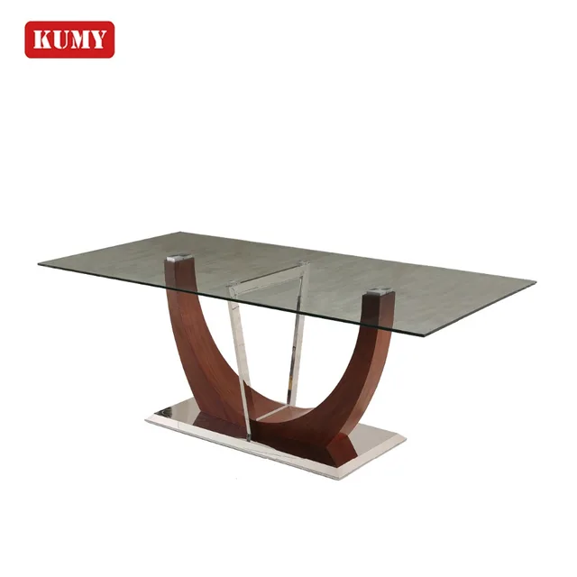Modern design hottest selling elegant 8 mm tempered glass walnut veneer wooden mdf u shape base coffee table