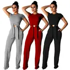 FM-3660 Ribbed relaxed wide adult leg pants jumpsuit women two pieces clothing with sashes