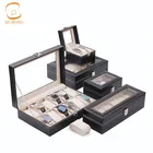 wholesale luxury leather black watch organizer storage box wooden display tray boxes cases