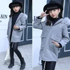 Fashion Warm Winter Outerwear Windproof Child Long Coat Kids Girls Corduroy Grey Hooded Coat