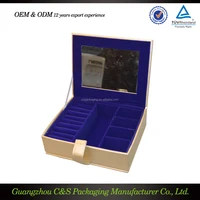 Comfortable Travelling Pu and Velvet Button Mirror Attached Cosmetic Make-up Case Gold Lock Jewellry Storage Box