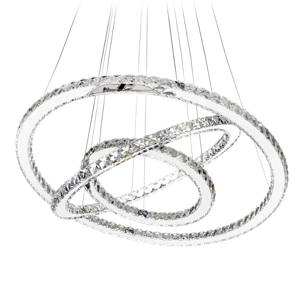 Moderne LED Plafonniers Luminaires Lustre Éclairage Salle à manger Lampes Suspendues Contemporaines 3 anneaux Cristal Lustres