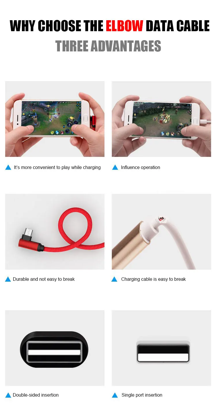 Wholesale New Style Black Blue Red L Shape Gaming Micro Usb Cable Cord For Samsung Galaxy S6 S7 Android Mobile Phone Game Cable - ANKUX.COM
