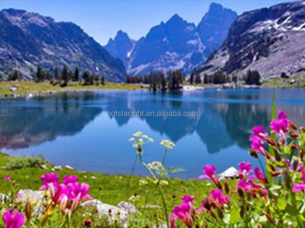 ทะเลสาบสีฟ้าและสีม่วงดอกไม้ภูมิทัศน์ที่สวยงาม5d diyเพชรภาพวาดrhinestone