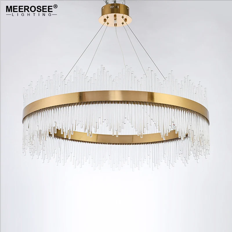 MEEROSEE LED Pendant Light Crystal rods Hanging Lamp for Dinning room Gold Circle Suspension Lamparas Lustres Abajur MD85503