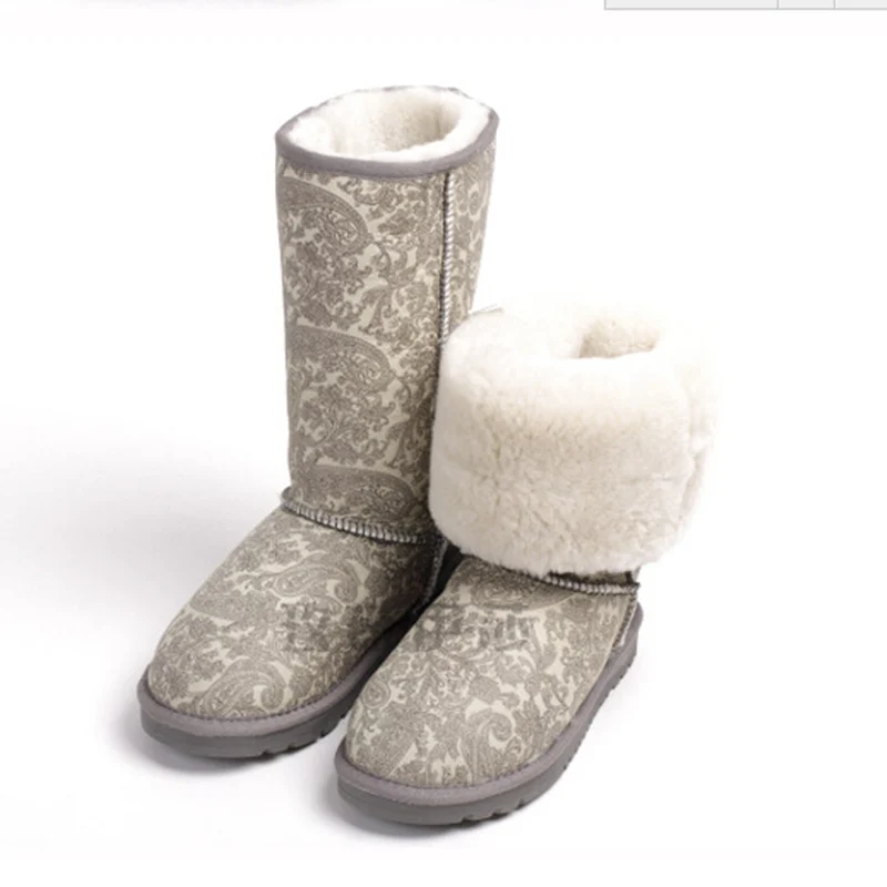Warm Vintage Printing Sheepskin Winter Snow Boots Women Fashion Shoes Woman Women Boots 2015 Genuine Leather Brand Black MF307