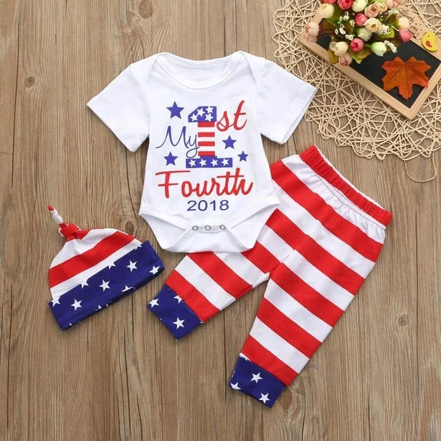 patriotic usa 4th of july 3pcs baby girls set star romper pants