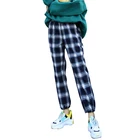 Women Tall Pants Vintage Plaid Pattern Ladies Casual Trousers High-waist Cotton Pants
