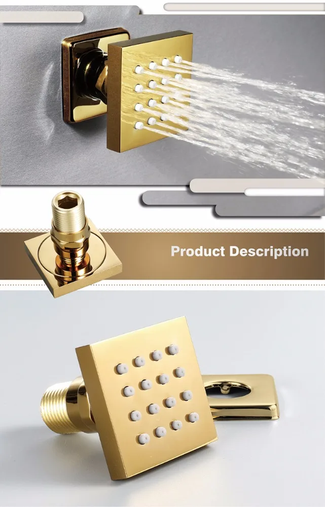 Brushed Gold Rainfall Shower Head Concealed Valve Handheld Spray Mixer Shower Set with body jets
