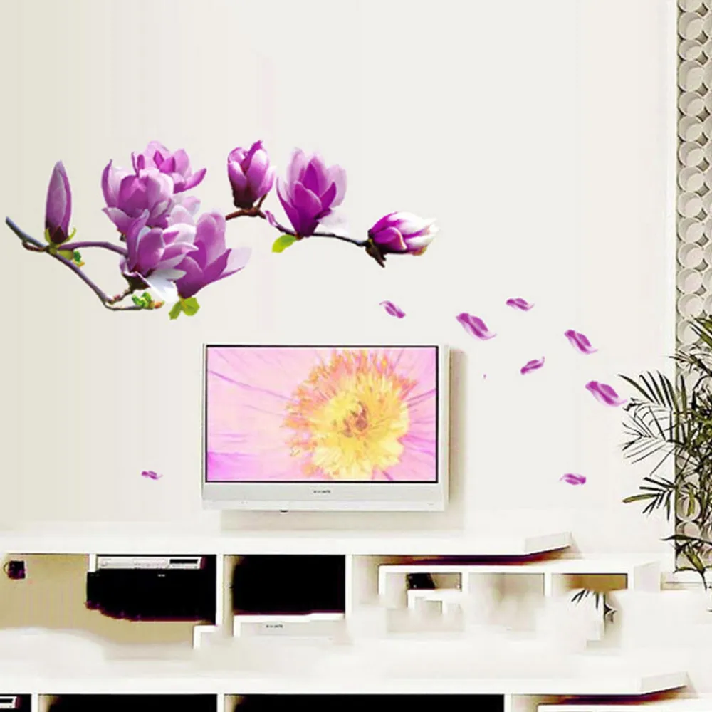 2016 Hot Sale Exquisite Elegant Magnolia Flowers Removable Art Vinyl Mural TV Backdrop Home Room Decor Wall Stickers
