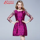 Women's A Line Floral Embroidery Long Sleeve Mesh Sheer Evening Cocktail Dress And Burgundy Embroidered Stitching Dress