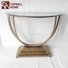 Half Round Gold Metal Accent Console Table With Glass Top