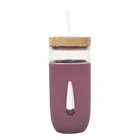 2019 bottle design silicone sleeves borosilicate glass cup with wood lid and straw