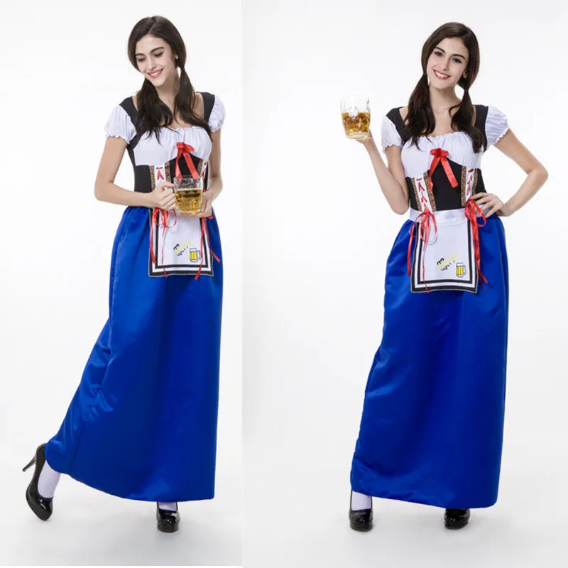 2015 New Womens Lingerie Blue Exotic Oktoberfest Costumes Disfraces Halloween Adult Sexy Germany Beer Girl Maid Long Dress A56