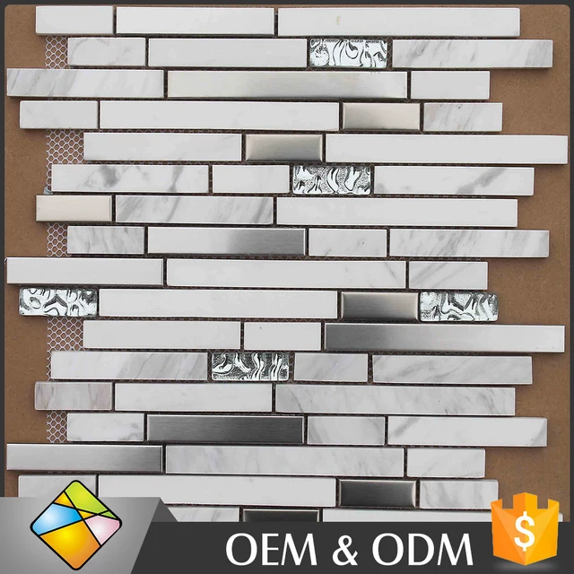 2017 Alibaba Popular Design Cheap White Stone Mix Silver Metal Glass Mosaic Kitchen Backsplash Tile