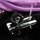 Useful multi-function transparent crystal card case set with pen holder and clock and globe ornament as table decoration or gift