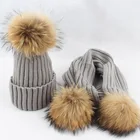 Cute fur ball knitted women winter hat and scarf set with fur pompom ball