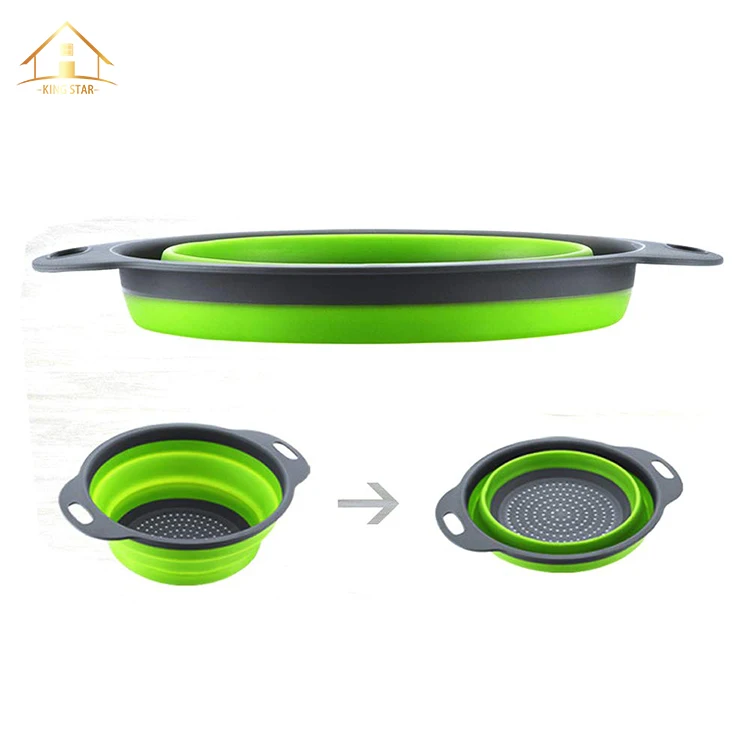 Hot selling space saving kitchen strainer storage basket round collapsible colander with handles
